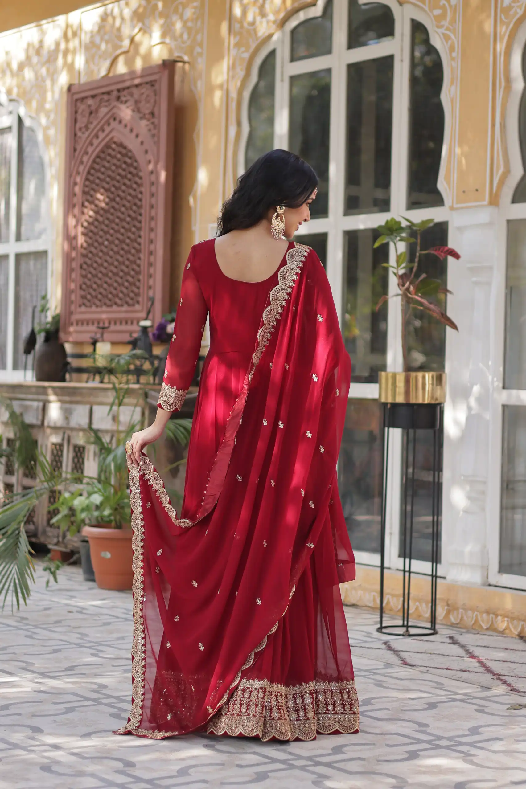 KA 1137 Maroon Faux Blooming Gown with Embroidery Work & Zari Work. Best Price ₹2599. Delivery 4-6 Working Days. Shop now. | Bollywood Gowns, Creative Gowns, Designer Gowns, Embroidered Gowns, Gowns, Party Wear Gowns