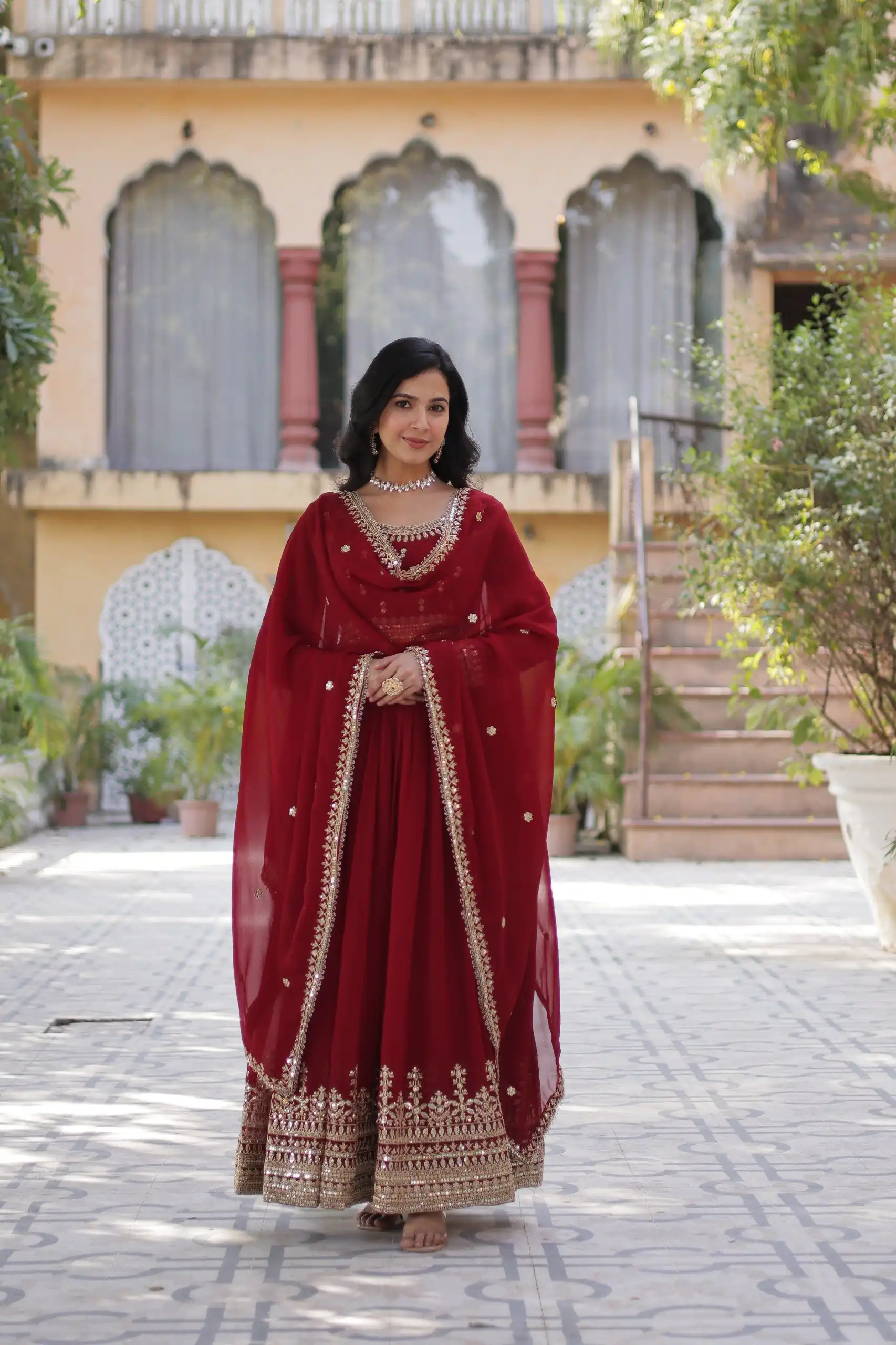KA 1144 Maroon Faux Blooming Gown with Embroidery Work & Zari Work. Exclusive Offer ₹2449. Delivery 4-6 Working Days. Shop now. | Bollywood Gowns, Creative Gowns, Designer Gowns, Embroidered Gowns, Gowns, Party Wear Gowns