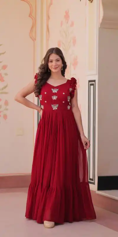 KA 1174 Maroon Faux Blooming Gown Perfect for Wedding, Party, Housewarming, Baby Shower, Raksha Bandhan – . Now at just ₹1699. Delivery 4-6 Working Dasy | Bollywood Gowns, Creative Gowns, Designer Gowns, Embroidered Gowns, Gowns, Party Wear Gowns
