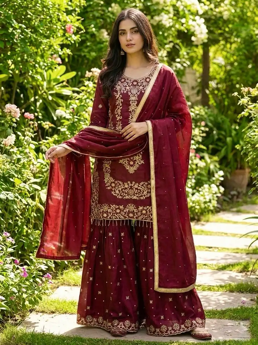 NSR 882 Maroon Organza Silk Salwar Suit Perfect for Wedding, Party, Durga Puja, Bridal Wear, Pooja – . Special Price ₹2099. Delivery 4-6 Working Days | Jump Suits, Straight Suits, Tops & Bottoms, Track Suits, Trendy Wear, Casual Suits, Creative suits, Designer Suits, Palazzo Suits, Party Wear Suits, Patiala Suits, Salwar suit