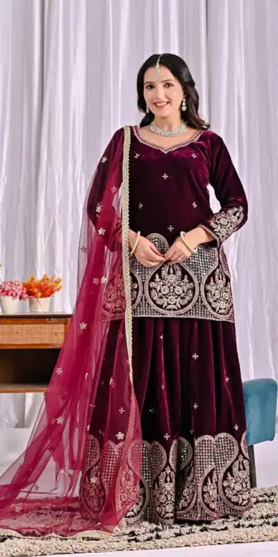 ND 5054 Maroon Embroidery Work Salwar Suit in Maroon Viscous Velvet. Available at ₹2449 only. Delivery 4-6 Working Days. Shop now. | Designer Suits, Jump Suits, Tops & Bottoms, Track Suits, Trendy Wear, Casual Suits, Creative suits, Palazzo Suits, Party Wear Suits, Patiala Suits, Salwar suit, Straight Suits