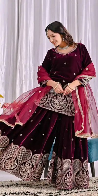 ND 5054 Maroon Embroidery Work Salwar Suit in Maroon Viscous Velvet. Available at ₹2449 only. Delivery 4-6 Working Days. Shop now. | Designer Suits, Jump Suits, Tops & Bottoms, Track Suits, Trendy Wear, Casual Suits, Creative suits, Palazzo Suits, Party Wear Suits, Patiala Suits, Salwar suit, Straight Suits