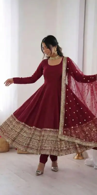 ZSR 3154 Maroon Roman Silk Gown with Embroidery Work & Lace Work. Grab it for ₹2449. Delivery 4-6 Working Days. Shop now. | Bollywood Gowns, Creative Gowns, Designer Gowns, Embroidered Gowns, Gowns, Party Wear Gowns