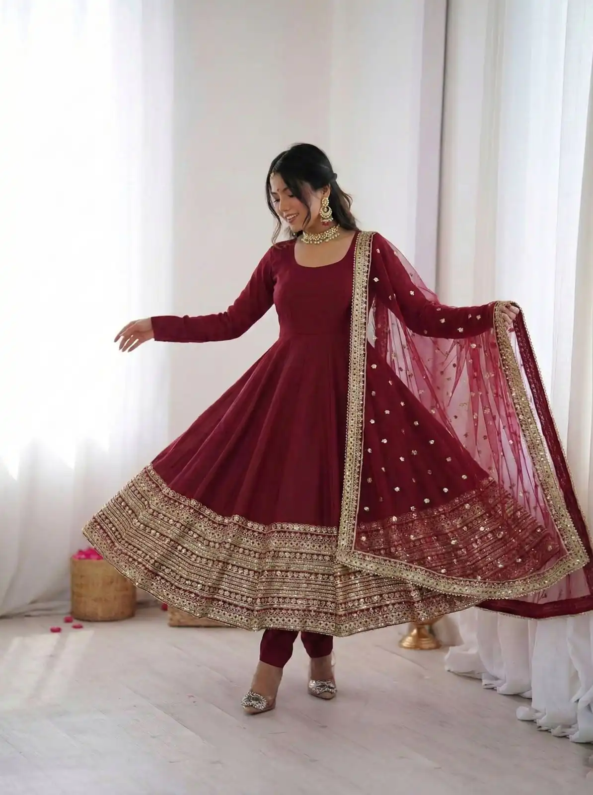 ZSR 3154 Maroon Roman Silk Gown with Embroidery Work & Lace Work. Grab it for ₹2449. Delivery 4-6 Working Days. Shop now. | Bollywood Gowns, Creative Gowns, Designer Gowns, Embroidered Gowns, Gowns, Party Wear Gowns
