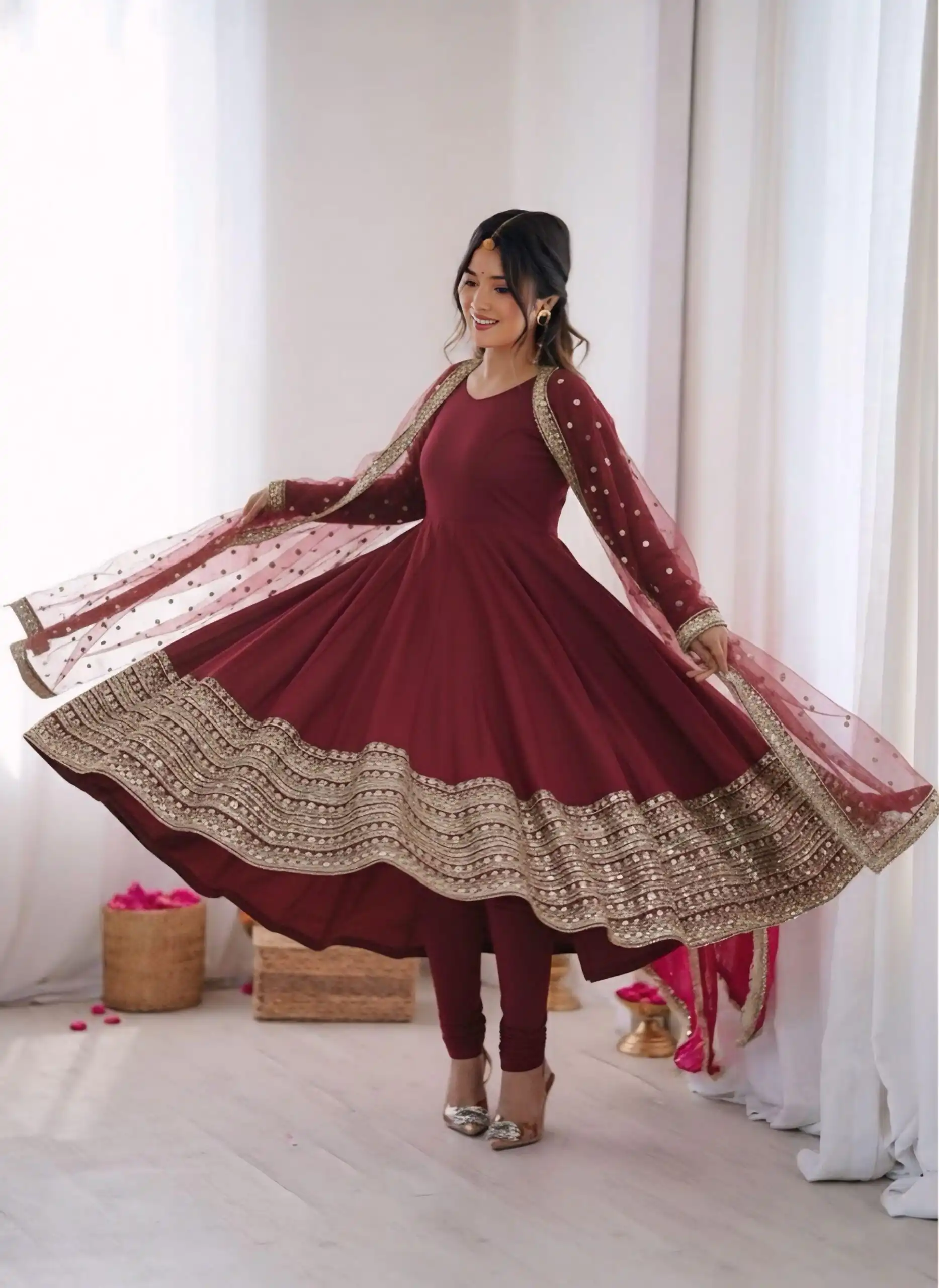 ZSR 3154 Maroon Roman Silk Gown with Embroidery Work & Lace Work. Grab it for ₹2449. Delivery 4-6 Working Days. Shop now. | Bollywood Gowns, Creative Gowns, Designer Gowns, Embroidered Gowns, Gowns, Party Wear Gowns