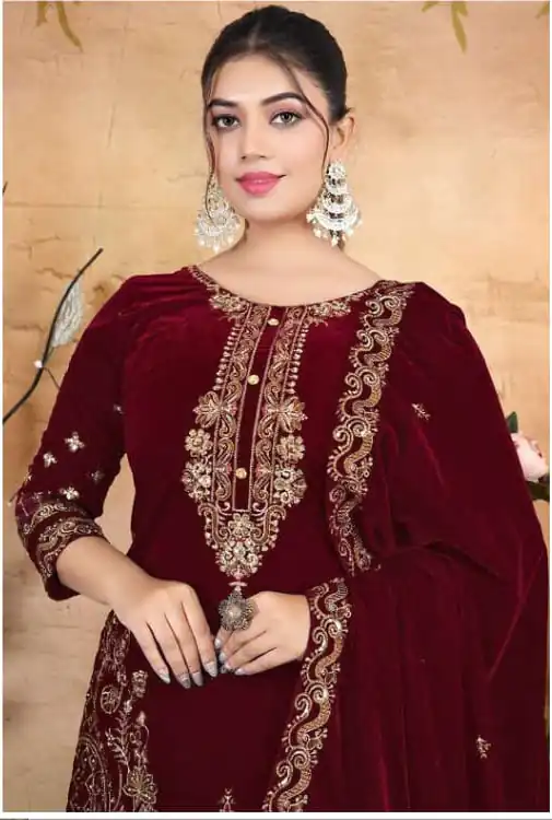 FC 1198 Maroon Velvet Salwar Suit with Embroidery Work & Lace Work. Festive Deal ₹2549. Delivery 4-6 Working Days. Shop now. | Jump Suits, Straight Suits, Tops & Bottoms, Track Suits, Trendy Wear, Casual Suits, Creative suits, Designer Suits, Palazzo Suits, Party Wear Suits, Patiala Suits, Salwar suit