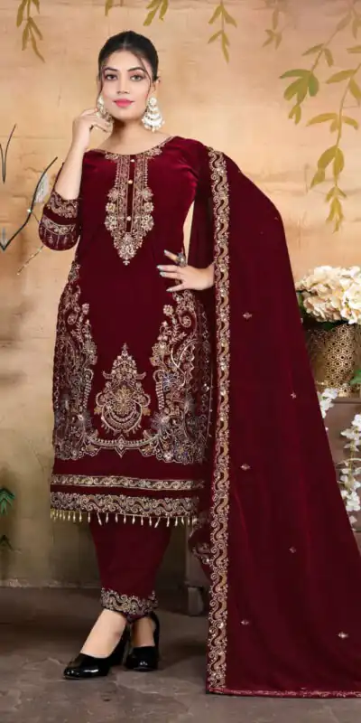 FC 1198 Maroon Velvet Salwar Suit with Embroidery Work & Lace Work. Festive Deal ₹2549. Delivery 4-6 Working Days. Shop now. | Jump Suits, Straight Suits, Tops & Bottoms, Track Suits, Trendy Wear, Casual Suits, Creative suits, Designer Suits, Palazzo Suits, Party Wear Suits, Patiala Suits, Salwar suit