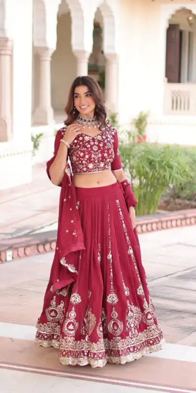 KA 5052 Maroon Vichitra Silk Lehenga Choli Perfect for Wedding, Party, Baby Shower, Cultural Events, Pooja – . Exclusive Offer ₹2599. Delivery 4-6 Wo | Bollywood Lehenga, Creative Lehenga, Designer Lehenga, Embroidered Lehenga, Lehenga, Party Wear Lehenga