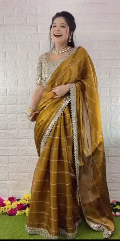 BT 413 Mustered Organza Silk Saree with Mirror Work & Embroidery Work. Introductory Price ₹1999. Delivery 4-6 Working Days. Shop now. | Bollywood Sarees, Creative Sarees, Designer Sarees, Embroidered Sarees, Ethnic Saree, Modern Digital sarees, Party Wear Sarees, Sarees