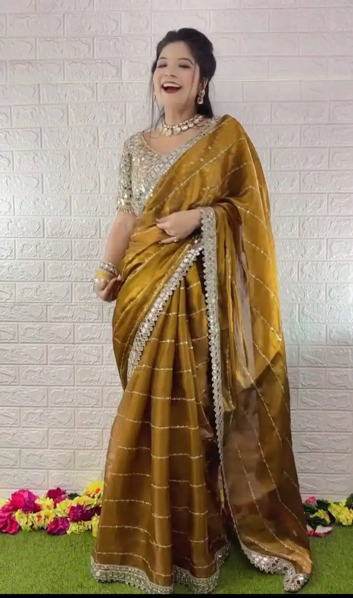 BT 413 Mustered Organza Silk Saree with Mirror Work & Embroidery Work. Introductory Price ₹1999. Delivery 4-6 Working Days. Shop now. | Bollywood Sarees, Creative Sarees, Designer Sarees, Embroidered Sarees, Ethnic Saree, Modern Digital sarees, Party Wear Sarees, Sarees