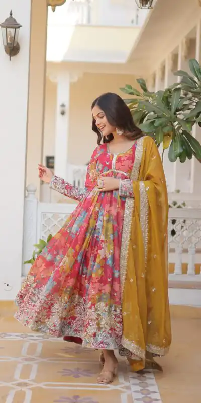 KA 1076 Mustered Russian Silk Gown Perfect for Wedding, Party, Ethnic Day, Haldi, Traditional Day – . Special Price ₹1499. Delivery 4-6 Working Day | Bollywood Gowns, Creative Gowns, Designer Gowns, Embroidered Gowns, Gowns, Party Wear Gowns