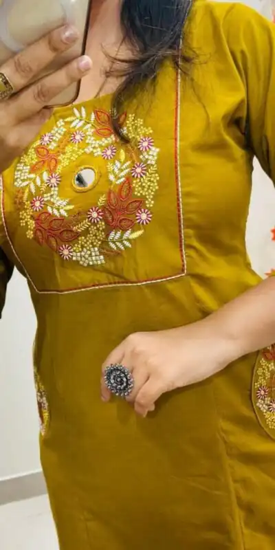 MF 1114 Mustered Soft Cotton Slub Kurti with Embroidery Work. Wedding, Party, Festive, Events, Grab it for ₹1549. Delivery 4-6 Working Days. Shop now. | Bollywood Kurti, Creative Kurtis, Designer Kurti, Kurti, Party Wear Kurti, Selfie Kurti