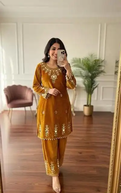 BE 423 Mustered Velvet Salwar Suit with Embroidery Work & Mirror Work. Now at just ₹1849. Delivery 4-6 Working Days. Shop now. | Jump Suits, Straight Suits, Tops & Bottoms, Track Suits, Trendy Wear, Casual Suits, Creative suits, Designer Suits, Palazzo Suits, Party Wear Suits, Patiala Suits, Salwar suit