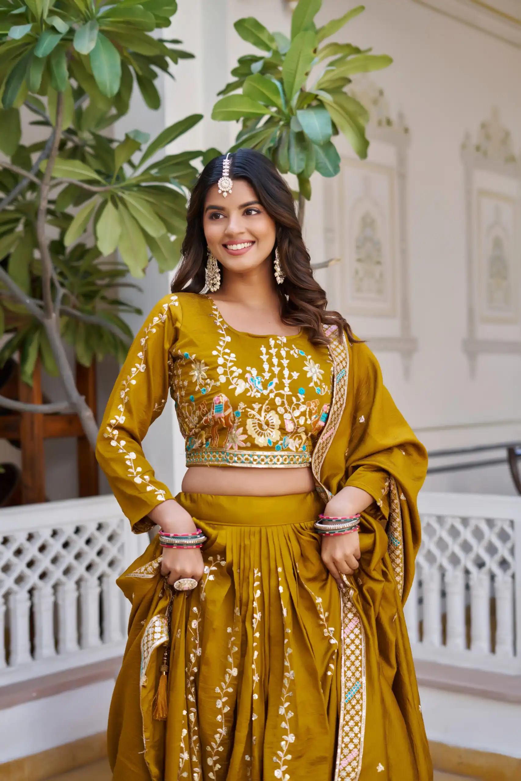 Ram 150 Mustered Color Vichitra Lehenga Choli with Embroidery Work. Grab it for ₹3049. Delivery 4-6 Working Days. Shop now. | Bollywood Lehenga, Creative Lehenga, Designer Lehenga, Embroidered Lehenga, Lehenga, Party Wear Lehenga