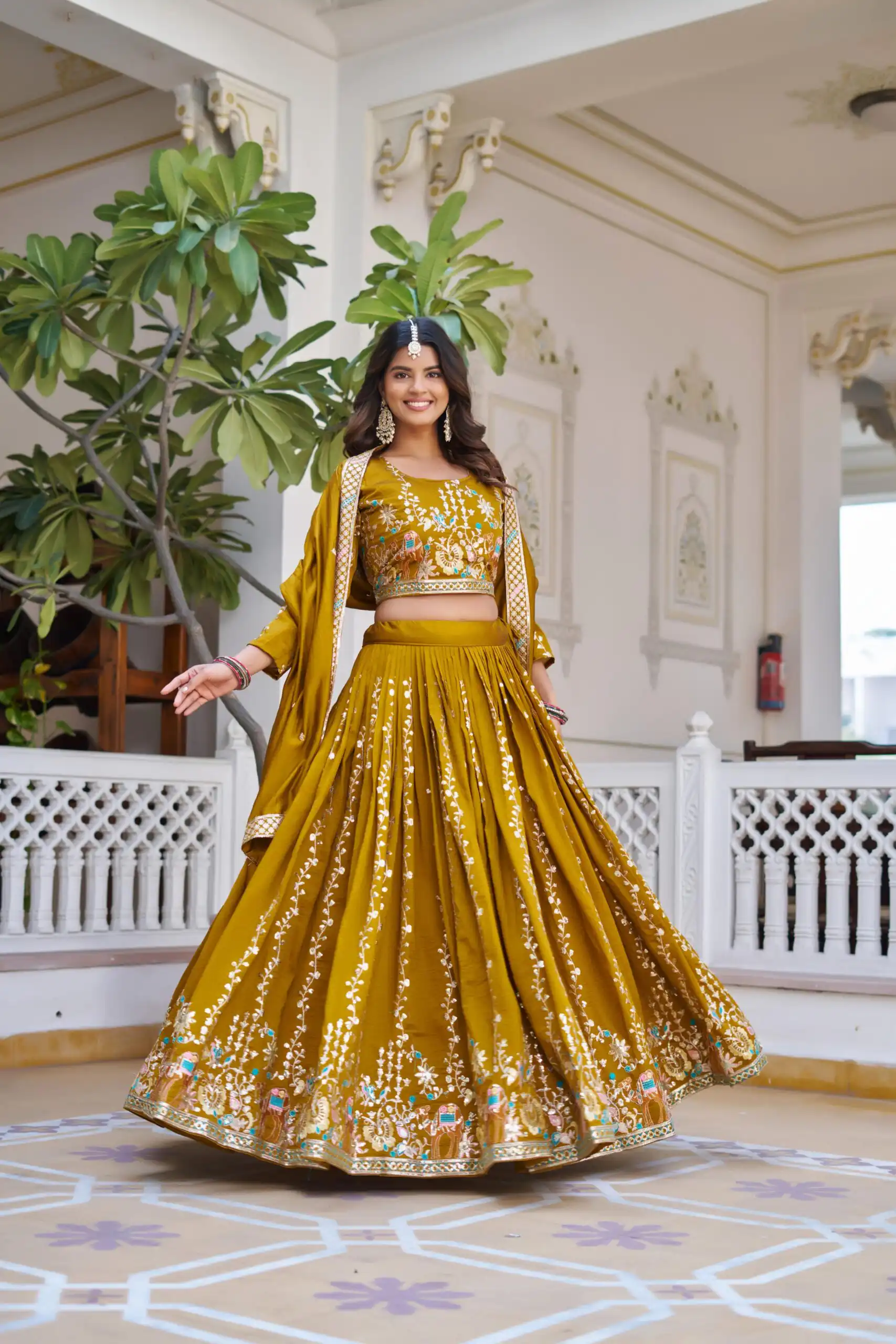 Ram 150 Mustered Color Vichitra Lehenga Choli with Embroidery Work. Grab it for ₹3049. Delivery 4-6 Working Days. Shop now. | Bollywood Lehenga, Creative Lehenga, Designer Lehenga, Embroidered Lehenga, Lehenga, Party Wear Lehenga