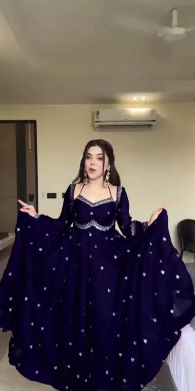 RTC 5924 Navy Blue Georgette Thread With Sequence Gown Perfect for Wedding, Party, Reception, Holi, . Available at ₹1999 only. Delivery 4-6 Working Days. | Bollywood Gowns, Creative Gowns, Designer Gowns, Embroidered Gowns, Gowns, Party Wear Gowns