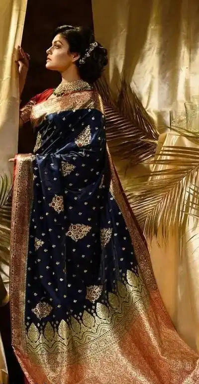 KPR 227 Navy Blue in Color Soft Lichi Silk. Lace Border & Lace Work Saree Grab it for ₹1399. Delivery 4-6 Working Days. Shop now. | Bollywood Sarees, Creative Sarees, Designer Sarees, Embroidered Sarees, Ethnic Saree, Modern Digital sarees, Party Wear Sarees, Sarees