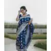 Navy Blue Soft Lichi Silk Lace Border Work Saree