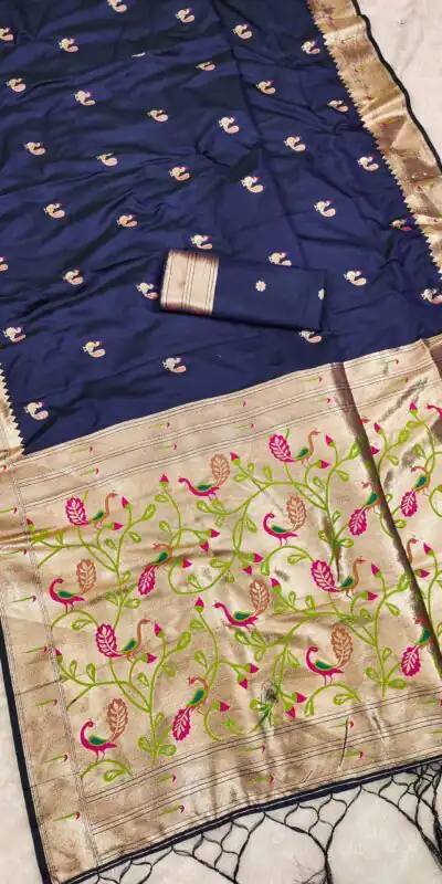 MB 389 Navy Blue Soft Paithani Silk Saree with Lace Work & Zari Work. Affordable Price ₹2049. Delivery 4-6 Working Days. Shop now. | Bollywood Sarees, Creative Sarees, Designer Sarees, Embroidered Sarees, Ethnic Saree, Modern Digital sarees, Party Wear Sarees, Sarees