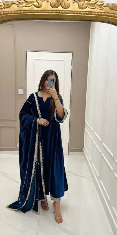 KF 1662 Navy Blue in Color Viscous Velvet Embroidery Work Gown . Exclusive Offer ₹2399. Delivery 4-6 Working Days. Shop now. | Bollywood Gowns, Creative Gowns, Designer Gowns, Embroidered Gowns, Gowns, Party Wear Gowns