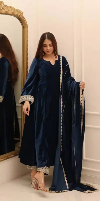 KF 1662 Navy Blue in Color Viscous Velvet Embroidery Work Gown . Exclusive Offer ₹2399. Delivery 4-6 Working Days. Shop now. | Bollywood Gowns, Creative Gowns, Designer Gowns, Embroidered Gowns, Gowns, Party Wear Gowns