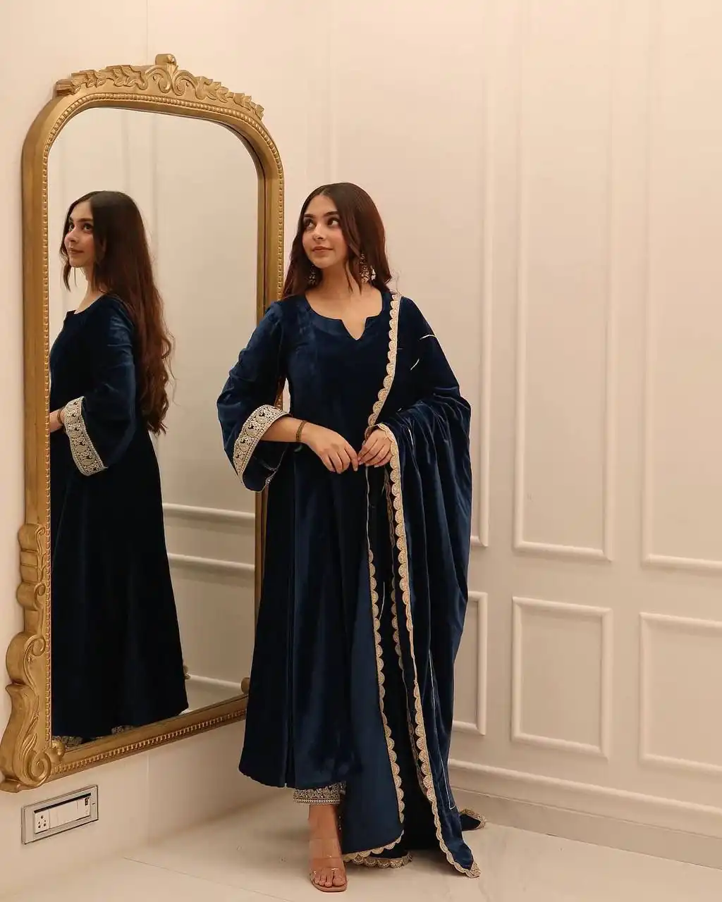 KF 1662 Navy Blue in Color Viscous Velvet Embroidery Work Gown . Exclusive Offer ₹2399. Delivery 4-6 Working Days. Shop now. | Bollywood Gowns, Creative Gowns, Designer Gowns, Embroidered Gowns, Gowns, Party Wear Gowns