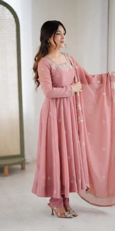 ZF 5011 Onion Crunchy Silk Gown with Embroidery Work. Wedding, Party, Festive, Events Best Price ₹2099. Delivery 4-6 Working Days. Shop now. | Bollywood Gowns, Creative Gowns, Designer Gowns, Embroidered Gowns, Gowns, Party Wear Gowns