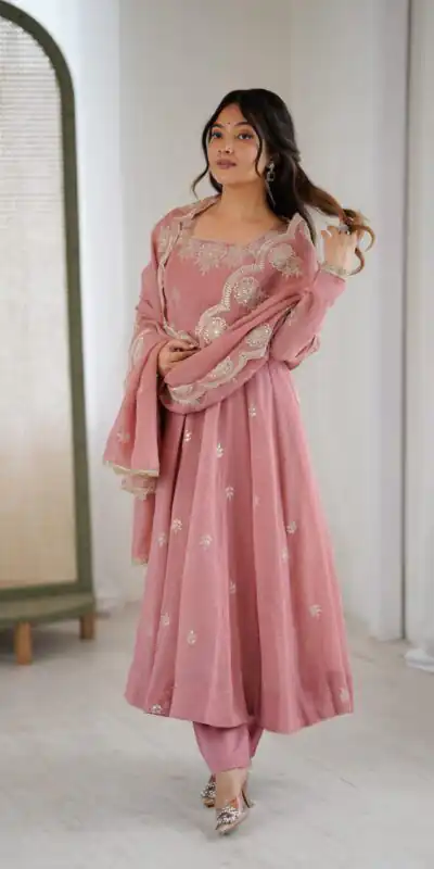 ZF 5011 Onion Crunchy Silk Gown with Embroidery Work. Wedding, Party, Festive, Events Best Price ₹2099. Delivery 4-6 Working Days. Shop now. | Bollywood Gowns, Creative Gowns, Designer Gowns, Embroidered Gowns, Gowns, Party Wear Gowns
