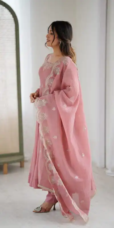 ZF 5011 Onion Crunchy Silk Gown with Embroidery Work. Wedding, Party, Festive, Events Best Price ₹2099. Delivery 4-6 Working Days. Shop now. | Bollywood Gowns, Creative Gowns, Designer Gowns, Embroidered Gowns, Gowns, Party Wear Gowns