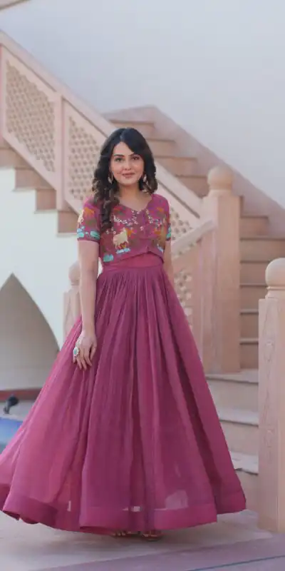 KA 1170 Onion Color Silver Crunchy Gown with Embroidery Work. Introductory Price ₹1799. Delivery 4-6 Working Days. Shop now. | Bollywood Gowns, Creative Gowns, Designer Gowns, Embroidered Gowns, Gowns, Party Wear Gowns