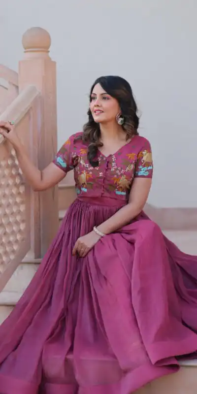 KA 1170 Onion Color Silver Crunchy Gown with Embroidery Work. Introductory Price ₹1799. Delivery 4-6 Working Days. Shop now. | Bollywood Gowns, Creative Gowns, Designer Gowns, Embroidered Gowns, Gowns, Party Wear Gowns