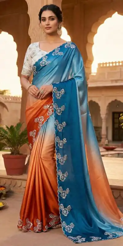 MS 461 Orange Chinnon Saree Perfect for Wedding, Party, Traditional Day, Haldi, Housewarming – . Exclusive Offer ₹1649. Delivery 4-6 Working Days. Shop now | Bollywood Sarees, Creative Sarees, Designer Sarees, Embroidered Sarees, Ethnic Saree, Modern Digital sarees, Party Wear Sarees, Sarees