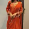 Orange Chinon Mirror Embroidery Work Lehenga Choli