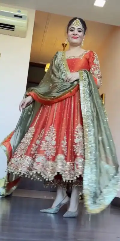 VLM 313 Orange JC Silk Gown. Perfect for Wedding, Party, Sangeet, Baisakhi, Diwali – Introductory Price ₹2599. Delivery 4-6 Working Days. Shop now. | Bollywood Gowns, Creative Gowns, Designer Gowns, Embroidered Gowns, Gowns, Party Wear Gowns