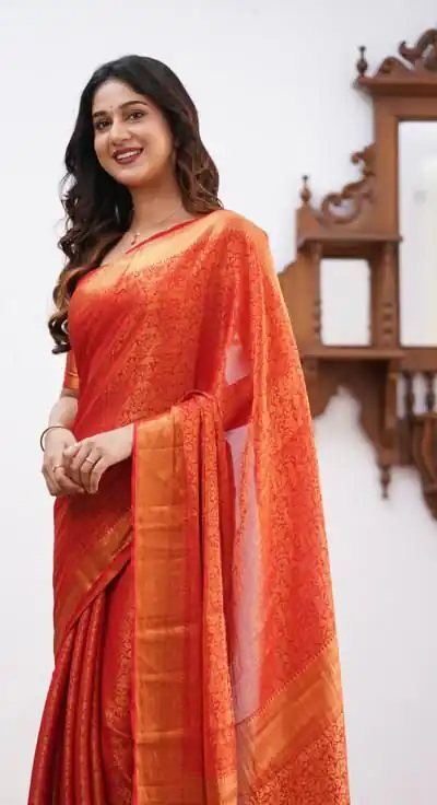KPR 168 Orange in Soft Lichi Silk Lace Border & Lace Work Saree . Available at ₹1299 only. Delivery 4-6 Working Days. Shop now. | Bollywood Sarees, Creative Sarees, Designer Sarees, Embroidered Sarees, Ethnic Saree, Modern Digital sarees, Party Wear Sarees, Sarees