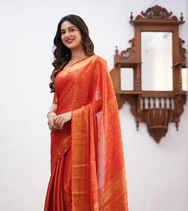 KPR 168 Orange in Soft Lichi Silk Lace Border & Lace Work Saree . Available at ₹1299 only. Delivery 4-6 Working Days. Shop now. | Bollywood Sarees, Creative Sarees, Designer Sarees, Embroidered Sarees, Ethnic Saree, Modern Digital sarees, Party Wear Sarees, Sarees