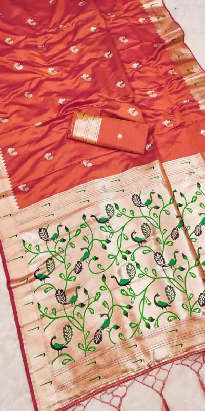 MB 389 Orange Soft Paithani Silk Saree with Lace Work & Zari Work. Affordable Price ₹2049. Delivery 4-6 Working Days. Shop now. | Bollywood Sarees, Creative Sarees, Designer Sarees, Embroidered Sarees, Ethnic Saree, Modern Digital sarees, Party Wear Sarees, Sarees