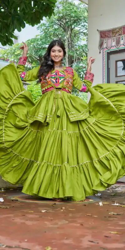 Ram 120 Parrot Green in Pure Cotton Mirror Work & Gamthi Work Lehenga Choli . Exclusive Offer ₹3049. Delivery 4-6 Working Days. Shop now. | Bollywood Lehenga, Creative Lehenga, Designer Lehenga, Embroidered Lehenga, Lehenga, Party Wear Lehenga