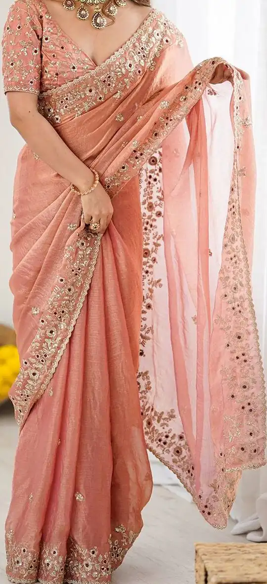 JR 645 Peach Fandy chiffon Saree Perfect for Wedding, Party, Housewarming, Durga Puja, Traditional Day – . Special Price ₹1949. Delivery 4-6 Working Day | Bollywood Sarees, Creative Sarees, Designer Sarees, Embroidered Sarees, Ethnic Saree, Modern Digital sarees, Party Wear Sarees, Sarees