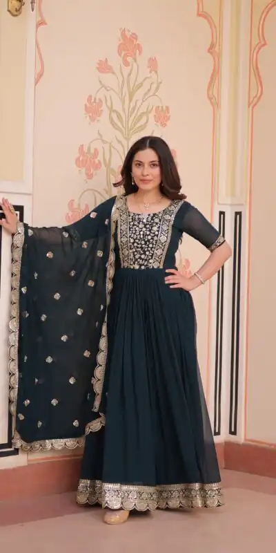 KA 1177 Peacock Blue in Faux Blooming Embroidery Work & Zari Work Gown . Special Price ₹2049. Delivery 4-6 Working Days. Shop now. | Bollywood Gowns, Creative Gowns, Designer Gowns, Embroidered Gowns, Gowns, Party Wear Gowns