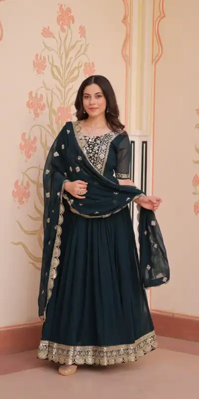 KA 1177 Peacock Blue in Faux Blooming Embroidery Work & Zari Work Gown . Special Price ₹2049. Delivery 4-6 Working Days. Shop now. | Bollywood Gowns, Creative Gowns, Designer Gowns, Embroidered Gowns, Gowns, Party Wear Gowns