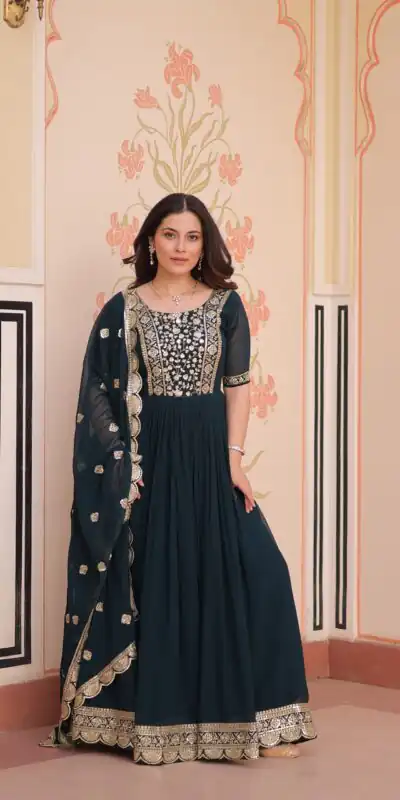 KA 1177 Peacock Blue in Faux Blooming Embroidery Work & Zari Work Gown . Special Price ₹2049. Delivery 4-6 Working Days. Shop now. | Bollywood Gowns, Creative Gowns, Designer Gowns, Embroidered Gowns, Gowns, Party Wear Gowns