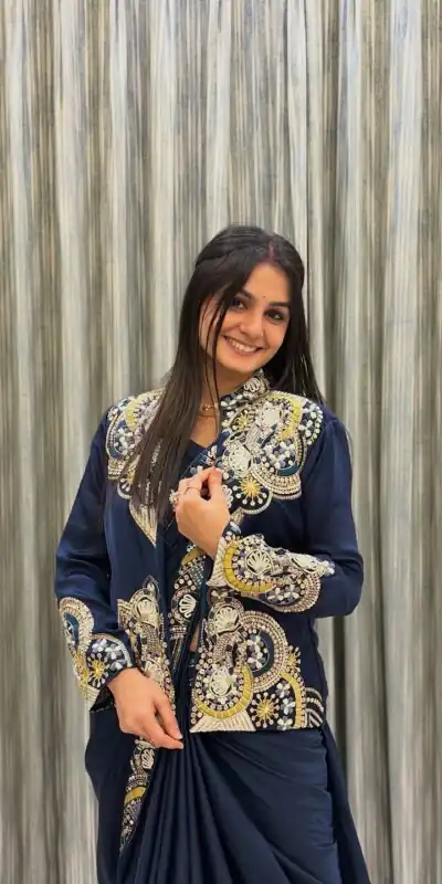 BE 433 Peacock Blue Color French Crape Saree with Embroidery Work. Best Price ₹2099. Delivery 4-6 Working Days. Shop now. | Bollywood Sarees, Creative Sarees, Designer Sarees, Embroidered Sarees, Ethnic Saree, Modern Digital sarees, Party Wear Sarees, Sarees