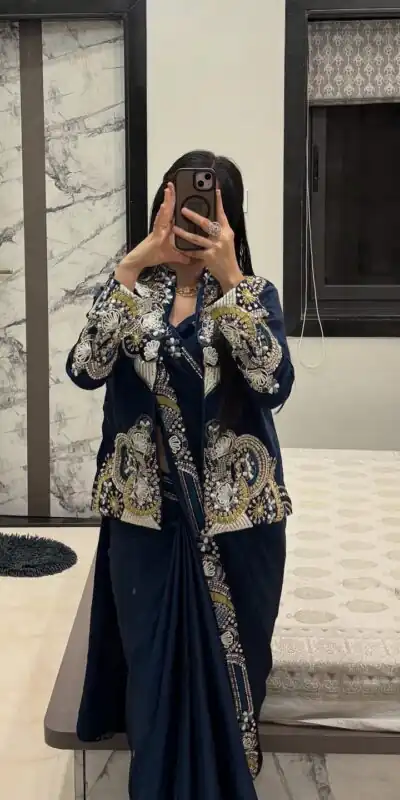 BE 433 Peacock Blue Color French Crape Saree with Embroidery Work. Best Price ₹2099. Delivery 4-6 Working Days. Shop now. | Bollywood Sarees, Creative Sarees, Designer Sarees, Embroidered Sarees, Ethnic Saree, Modern Digital sarees, Party Wear Sarees, Sarees