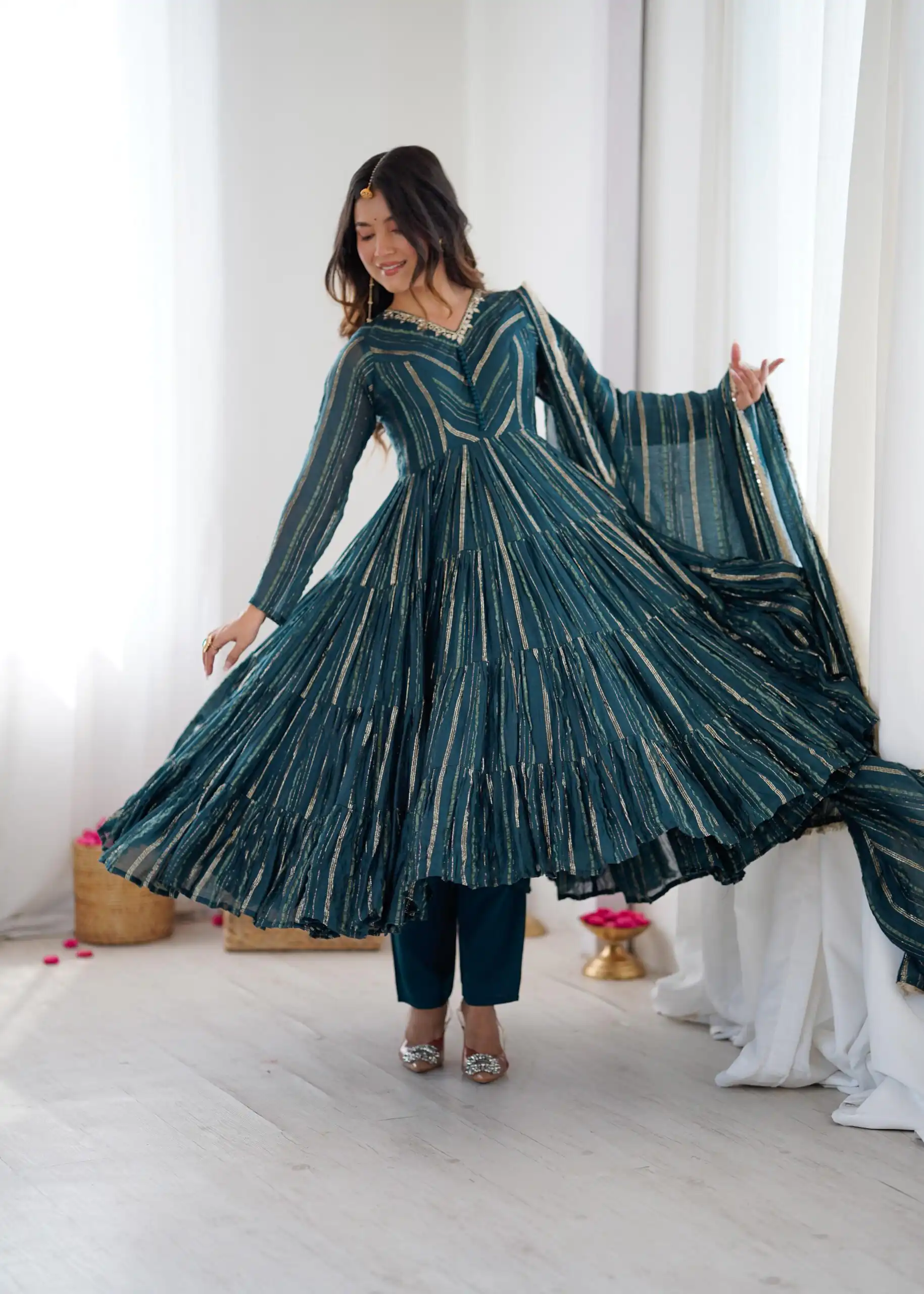 SRK 5305 Peacock Blue Color Mal Chanderi Gown with Mirror Work & Lace Work. Grab it for ₹2399. Delivery 4-6 Working Days. Shop now. | Bollywood Gowns, Creative Gowns, Designer Gowns, Embroidered Gowns, Gowns, Party Wear Gowns