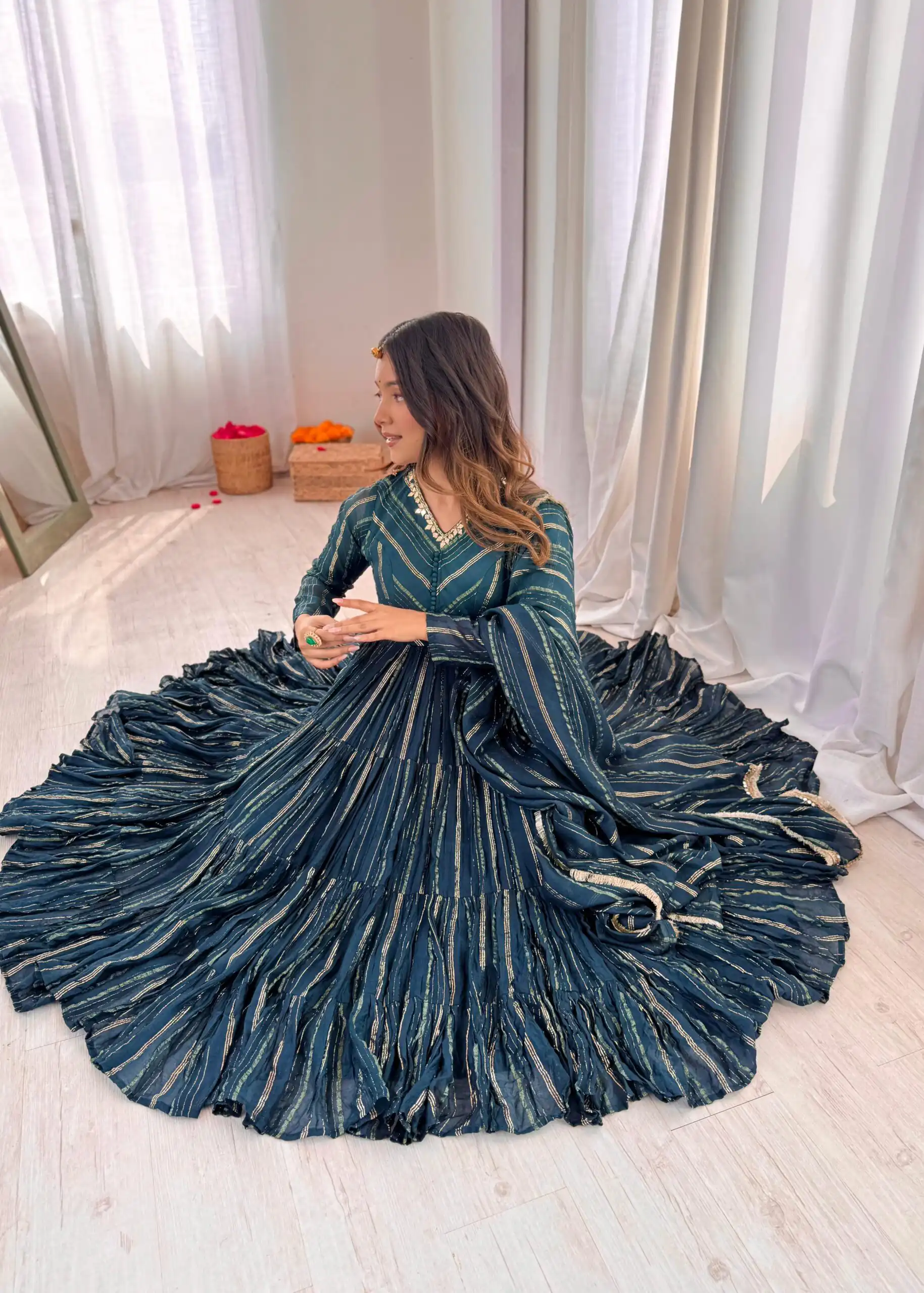 SRK 5305 Peacock Blue Color Mal Chanderi Gown with Mirror Work & Lace Work. Grab it for ₹2399. Delivery 4-6 Working Days. Shop now. | Bollywood Gowns, Creative Gowns, Designer Gowns, Embroidered Gowns, Gowns, Party Wear Gowns