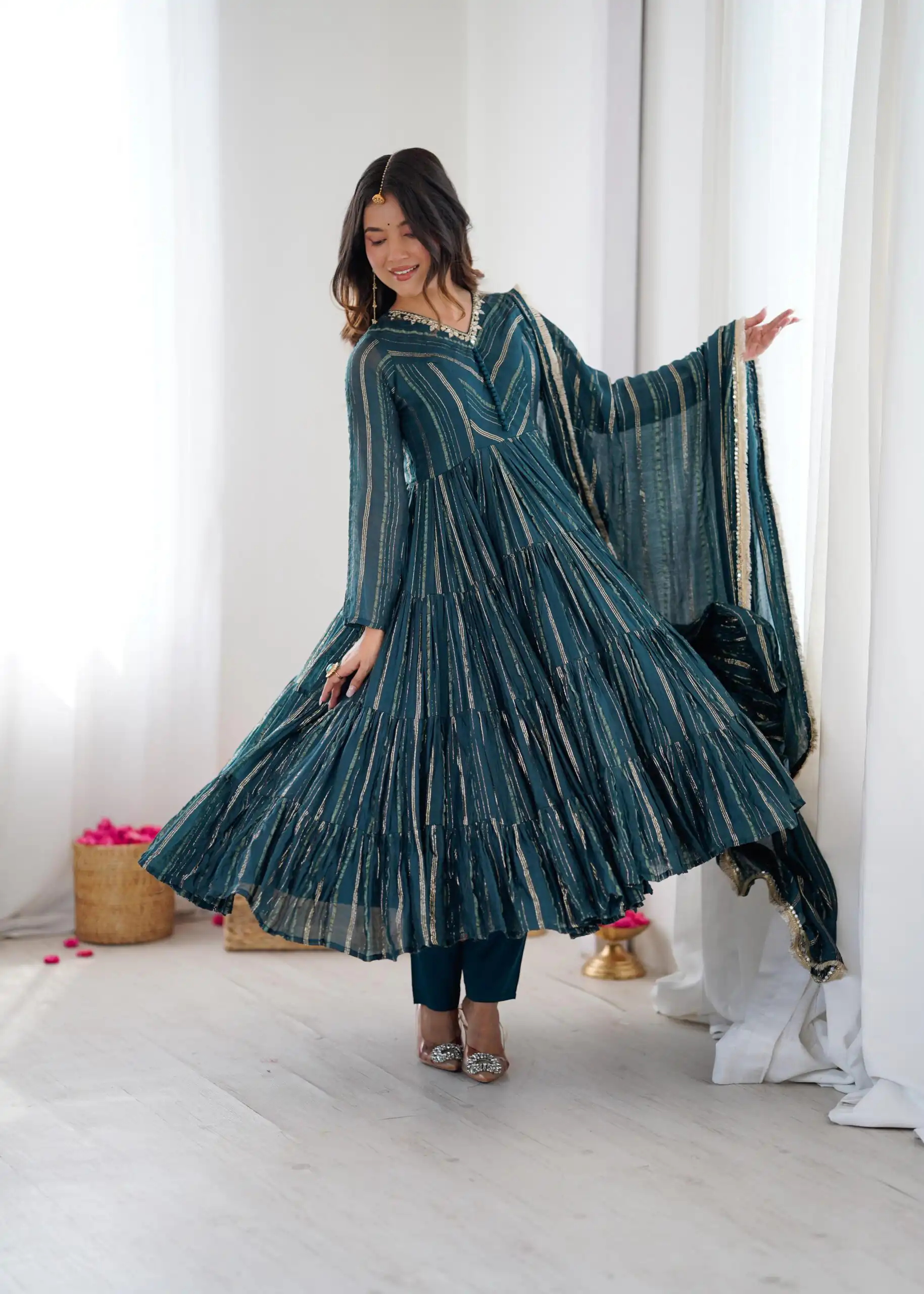 SRK 5305 Peacock Blue Color Mal Chanderi Gown with Mirror Work & Lace Work. Grab it for ₹2399. Delivery 4-6 Working Days. Shop now. | Bollywood Gowns, Creative Gowns, Designer Gowns, Embroidered Gowns, Gowns, Party Wear Gowns