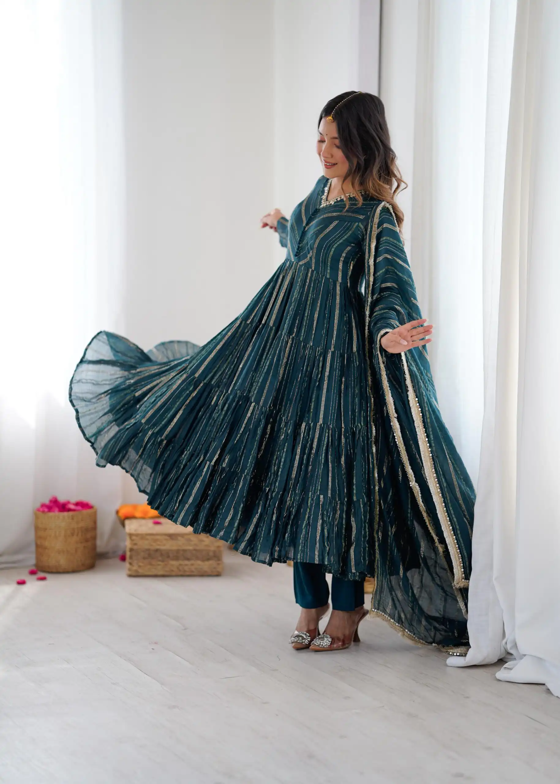 SRK 5305 Peacock Blue Color Mal Chanderi Gown with Mirror Work & Lace Work. Grab it for ₹2399. Delivery 4-6 Working Days. Shop now. | Bollywood Gowns, Creative Gowns, Designer Gowns, Embroidered Gowns, Gowns, Party Wear Gowns