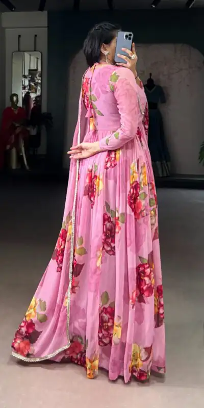 YNF 5103 Pink Lace Work Gown in Chiffon. Get it for ₹1899. Wedding, Party, Festive, Events Delivery 4-6 Working Days. Shop now. | Bollywood Gowns, Creative Gowns, Designer Gowns, Embroidered Gowns, Gowns, Party Wear Gowns