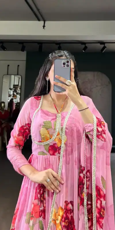 YNF 5103 Pink Lace Work Gown in Chiffon. Get it for ₹1899. Wedding, Party, Festive, Events Delivery 4-6 Working Days. Shop now. | Bollywood Gowns, Creative Gowns, Designer Gowns, Embroidered Gowns, Gowns, Party Wear Gowns